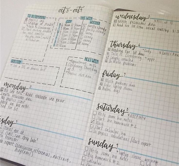 an open planner book with the words monday and friday written in cursive writing