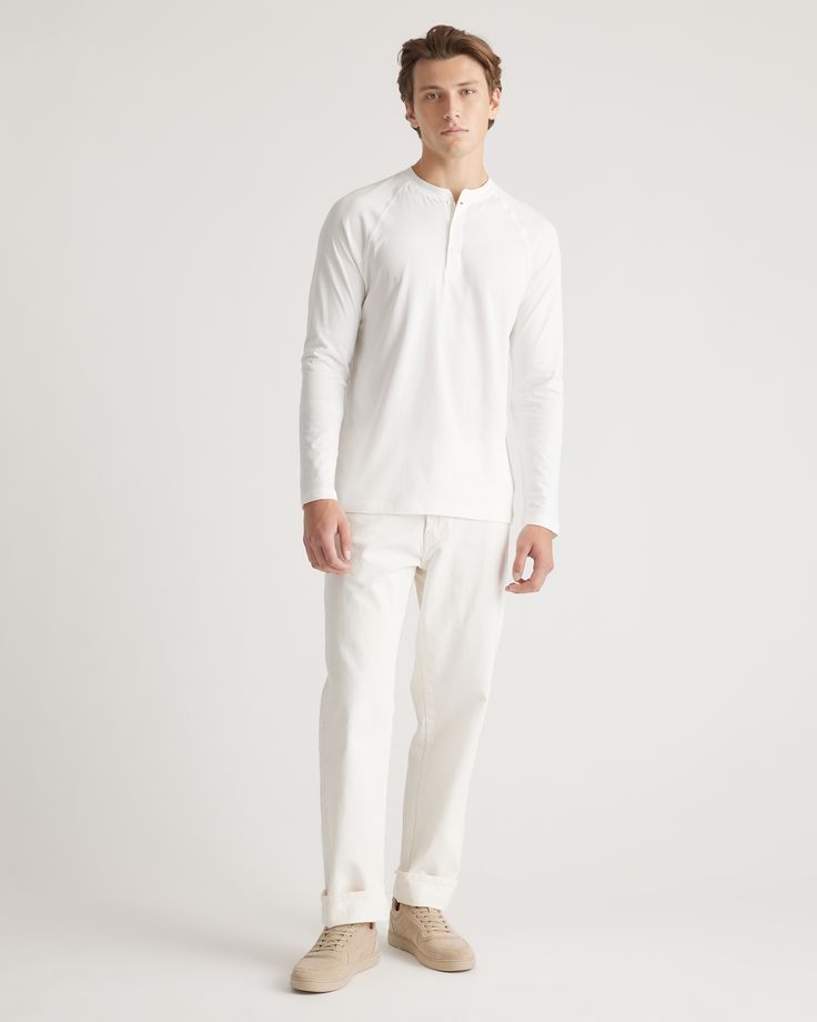 Upgrade your wardrobe basics with our Cotton Modal Long Sleeve Henley Tee. This super-soft blend of cotton and modal is incredibly lightweight and breathable, and the classic henley silhouette makes this shirt perfect on its own or as a base layer. Meet your new favorite elevated wardrobe staple.  | Quince | Men's Cotton Modal Long Sleeve Henley T-Shirt in White, Size Small, Cotton/Modal Classic Cotton Henley For Spring, White Relaxed Fit Cotton Henley, White Cotton Henley With Henley Neckline, Classic Henley Neckline Top With Relaxed Fit, Cotton Henley For Everyday Wear, White Cotton Henley For Spring, Cotton Henley For Everyday, White Crew Neck Henley For Everyday, Classic Relaxed Fit Henley For Everyday