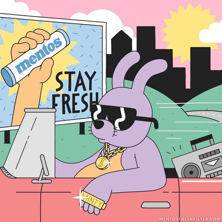 a cartoon character sitting in front of a computer with the words stay fresh written on it