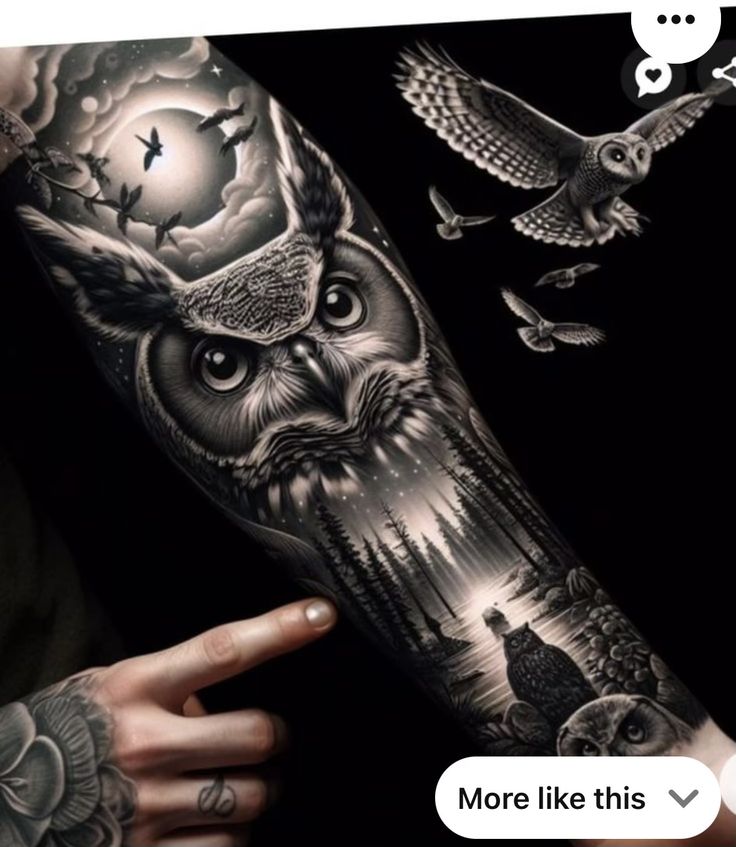 Owl Sleeve Tattoo, Hedwig Tattoo, Owl Forearm Tattoo, Owl Tattoo Chest, Tattoos Owl, Owl Tattoo Sleeve, Bird Tattoo Sleeves, Nautical Tattoo Sleeve, Owl Tattoo Drawings