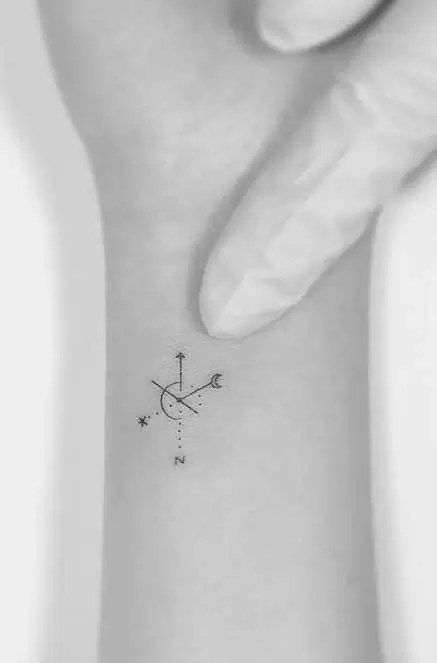 a woman's wrist with an arrow and stars tattoo on the left side of her arm