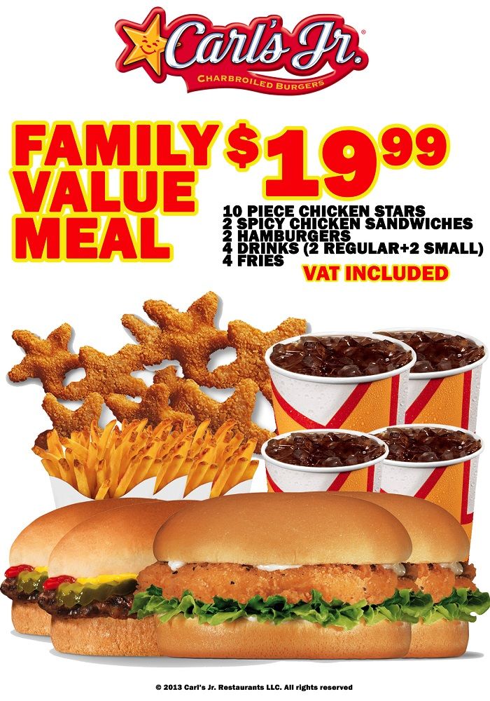 an advertisement for a fast food restaurant called chili's jr family value meal $ 19 99