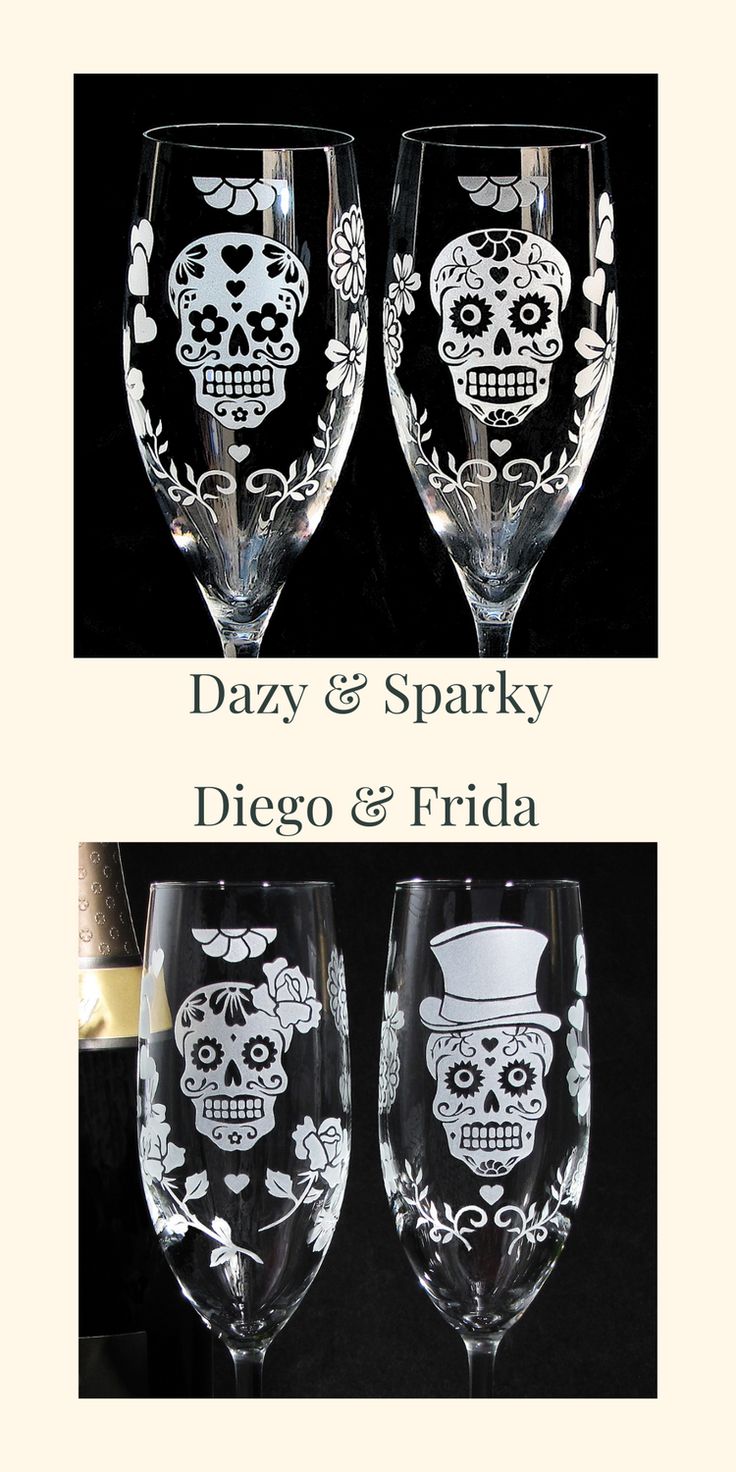 two wine glasses with designs on them and the words dizzy & sparky diego and frida