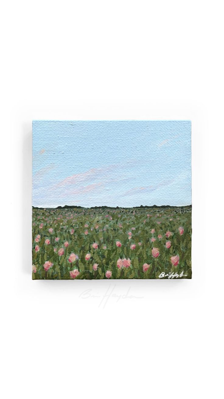 Mini acrylic painting showing subtle pink clouds in a blue sky over a green field of pink tulip flowers Landscape Art Ideas, Pink Tulip Field, Flower Field Landscape, Simple Painting Ideas, Tulip Drawing, Tulip Field, Field Paint, Field Landscape, Tulip Painting