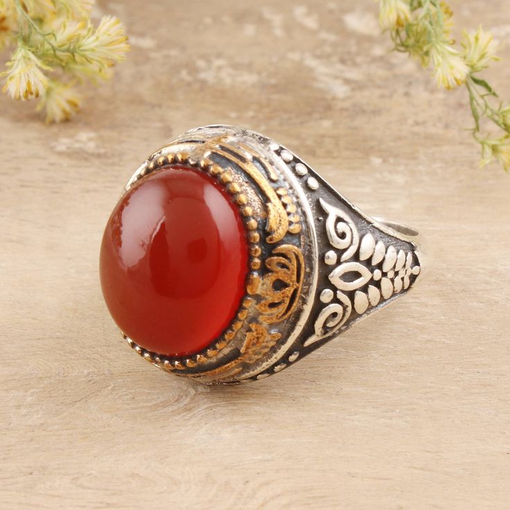 Alluring and fiery, a domed gemstone of red-orange onyx is framed by a patterned brass bezel. Indian designer Shivani Choudhary offers this bold and fascinating ring, which circles the finger with a patterned band of combination-finish sterling silver. Geometric Pendant Necklace, Jewellery Exhibition, Single Stone Ring, Wedding Rings Halo, Sterling Silver Cuff Bracelet, Ring Crafts, Domed Ring, Onyx Ring, Sterling Silver Cuff