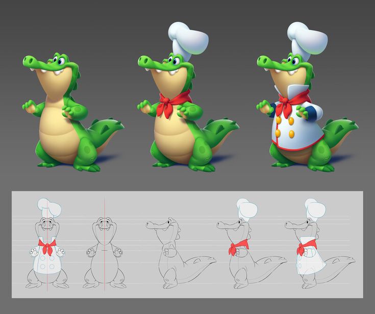 an animation character is shown in the process of creating a cartoon crocodile with chef hats and aprons