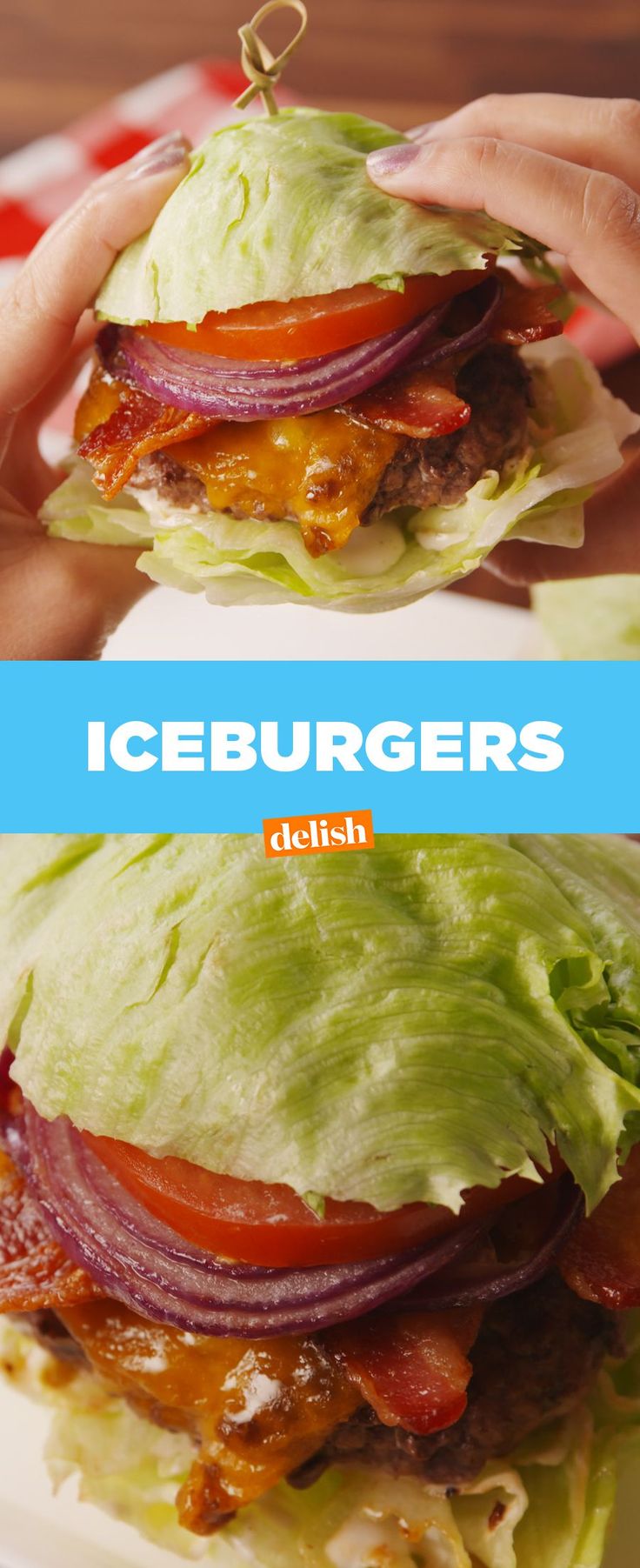 a person holding up a large hamburger with lettuce and tomatoes on it, in front of the words iceburgers