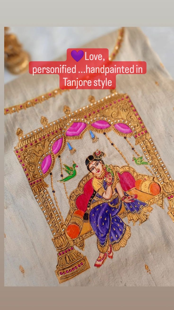 Tanjore painting on blouse Tanjore Painting Blouses, Tanjavur Painting On Blouse, Tanjore Painting On Blouses, Tanjore Painting On Fabric, Painting On Blouse, Painting Skirt, Painted Blouse, Accessory Illustration, Monkey Crafts