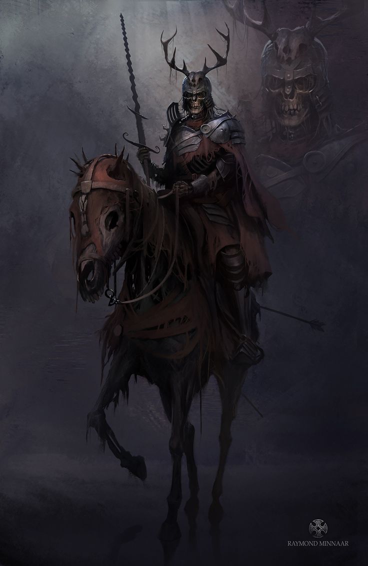 a man riding on the back of a horse next to two demonic looking creatures in dark fog