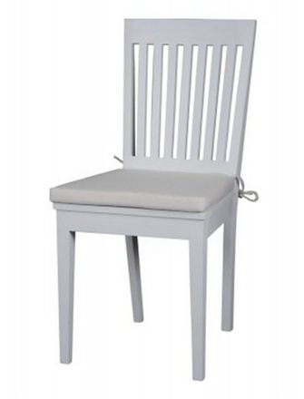 a white chair with a cushion on the back and seat padding, sitting in front of a white background