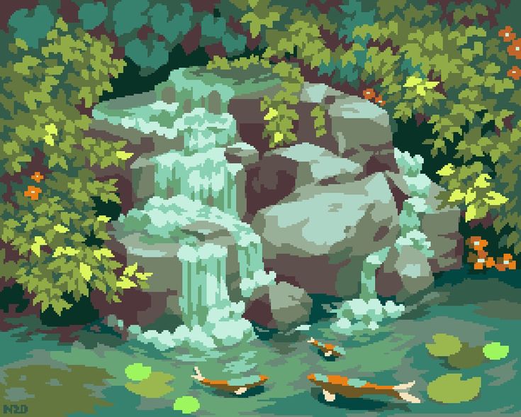 two fish swimming in the water next to rocks and trees with leaves on them, near a waterfall