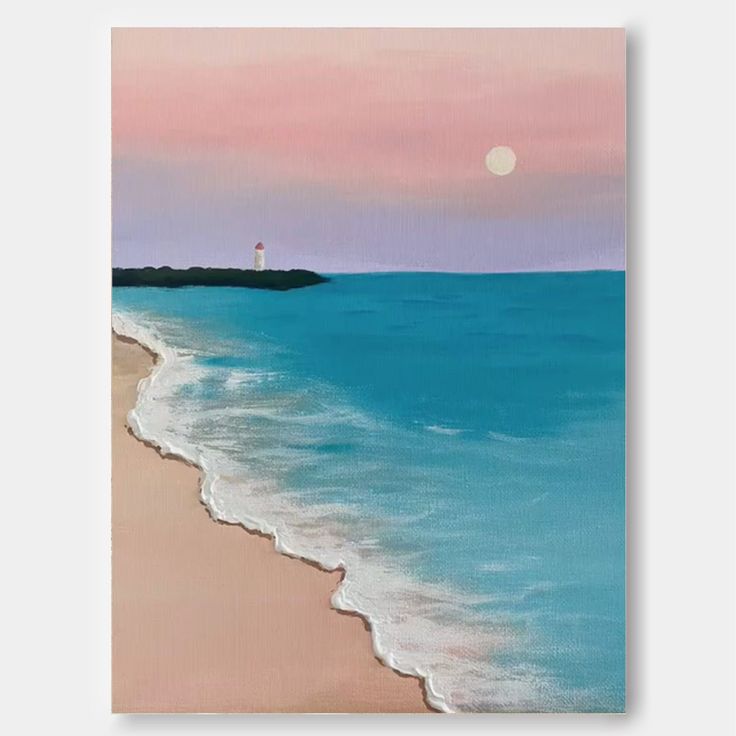 a painting of a beach with the moon in the sky