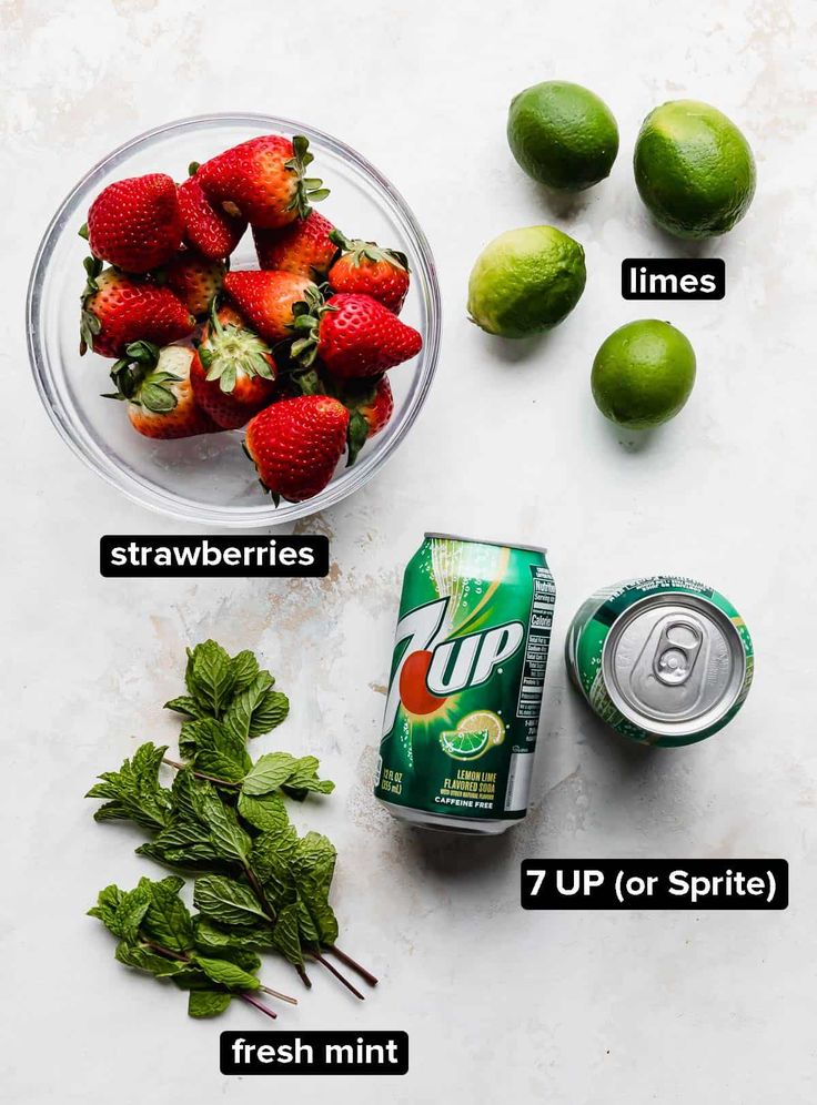 the ingredients to make this smoothie include strawberries, limes, and soda