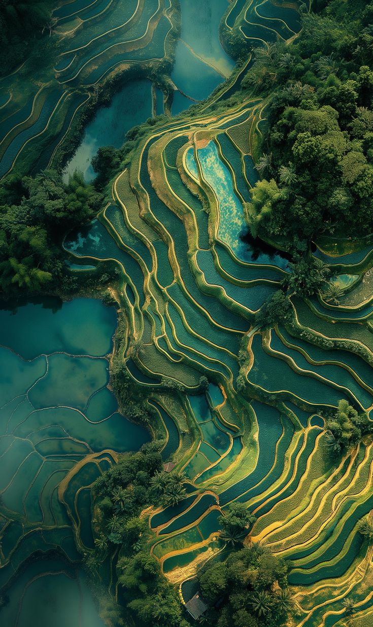 an aerial view of green and yellow terraces in the mountains, with water flowing down them