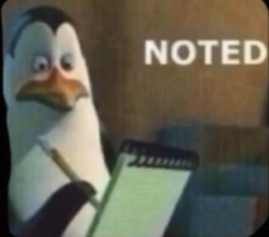 a penguin holding a notepad with the words noted on it