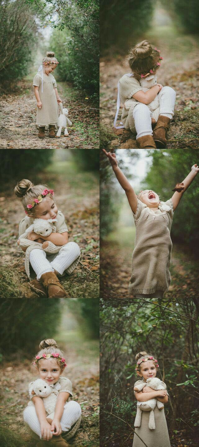 a collage of photos showing two children playing in the woods with their hands up