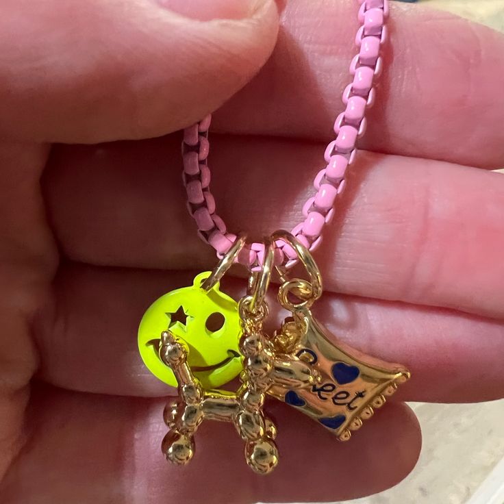 Pink Enamel , Magnetic Good Clasp With 3 Inch Extender, Yellow Smiley Face Charm, Gold Candy Charm, Gold Balloon Dog Charm, Brand New Never Worn . Fun Pink Adjustable Charm Necklace, Pink Adjustable Fun Charm Necklace, Fun Pink Adjustable Charm Necklaces, Fun Pink Personalized Charm Necklaces, Personalized Pink Charm Necklaces, Personalized Pink Fun Charm Necklaces, Cute Adjustable Yellow Necklace, Cute Adjustable Yellow Necklaces, Personalized Pink Charm Necklace