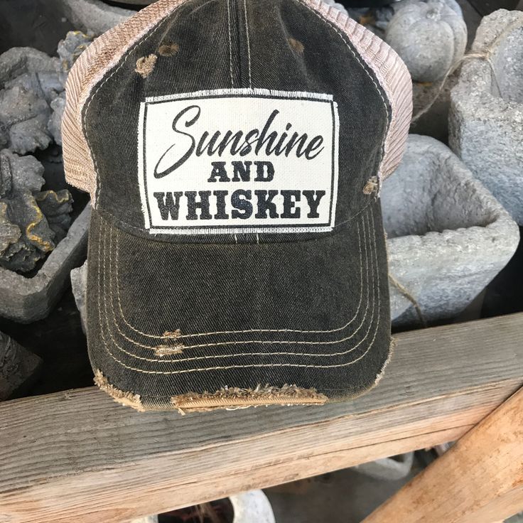 Details Vintage Distressed Trucker Cap "Sunshine & Whiskey"Color: Black Distressed Material: Cotton/Polyester blend, Mesh backSize: One size fits most, with an adjustable snapback. Unisex cap. Adjustable Faded Distressed Hat, Distressed Adjustable Trucker Hat For Outdoor, Distressed Adjustable Trucker Hat, Adjustable Distressed Trucker Hat, Country Style Distressed Hat, Sunshine And Whiskey, Trucker Cap, Whiskey, Mesh