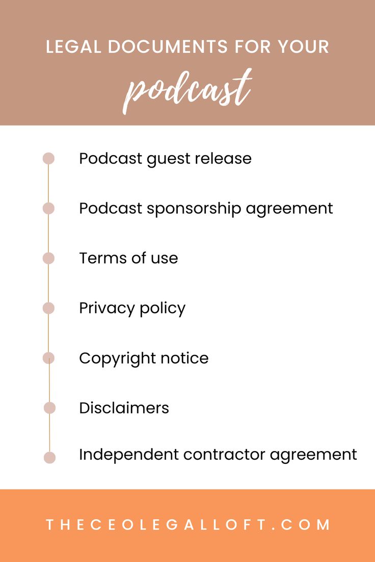 an orange and white poster with the words legal documents for your podcast