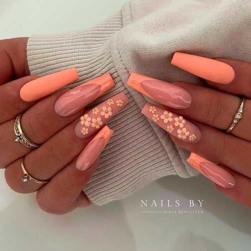 Nail Ideas Peach Color, Peach Nails Coffin, Peach Nails Design, Nails Inspo 2022, Apricot Nails, Peach Nail Designs, Peach Colored Nails, Summer Coffin Nails, Nails Flower