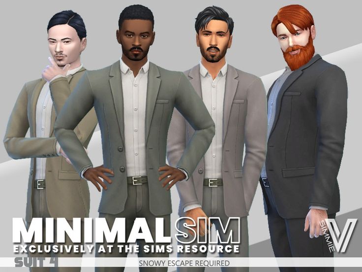 three men in suits standing next to each other with the caption minimalism exclusively at the sims resolution price