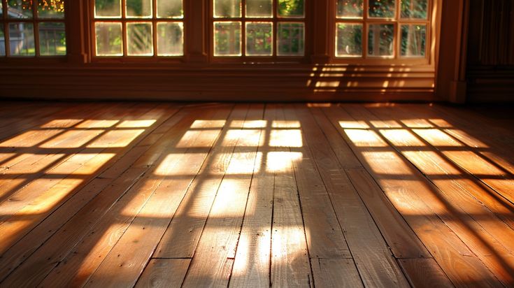 the sun shines through two windows in an empty room with wooden floors and large windows