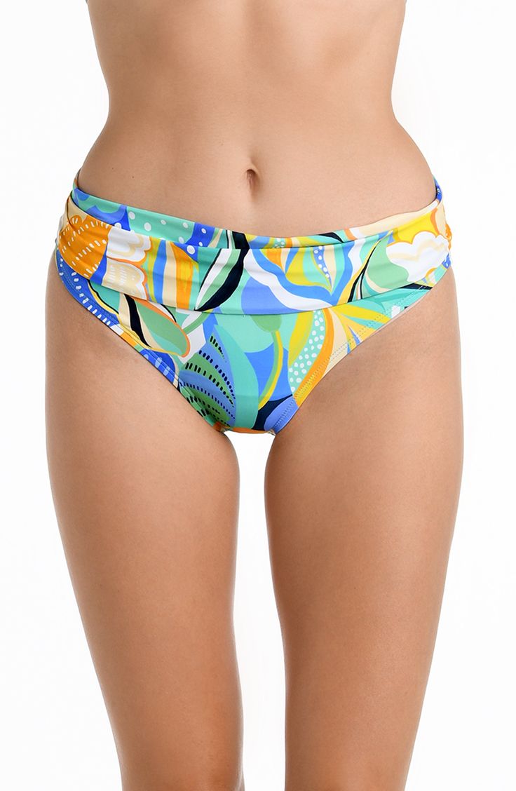 Model is wearing a multicolored Shirred Band Hipster Swimsuit Bottom Tropical Swimsuits, Swimsuit Material, Swimming Activities, Printed Swim, Sun Tan, Beach Look, Active Women, Tropical Print, Sicily