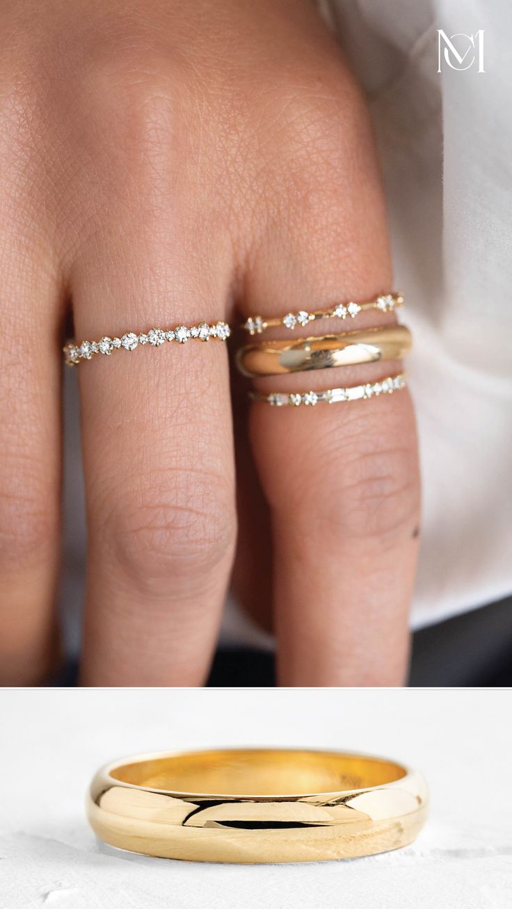 A versatile stacking ring, the Half Round Band is a wide band of solid 14k gold, available in yellow, rose, or white gold. Pair it with dainty diamond bands for a gorgeous look! See more ring stacks at melaniecasey.com. Classic Everyday Diamond Ring With Open Band, Classic Everyday Stackable Rings With Half Eternity, Classic Everyday Half Eternity Ring, Classic Everyday Stackable Rings With Brilliant Cut, Minimalist Open Band Jewelry With Brilliant Cut, Minimalist Diamond Eternity Band For Everyday, Minimalist Half Eternity Band For Everyday, Minimalist Jewelry With Brilliant Cut Open Band, Diamond Minimalist Everyday Eternity Band