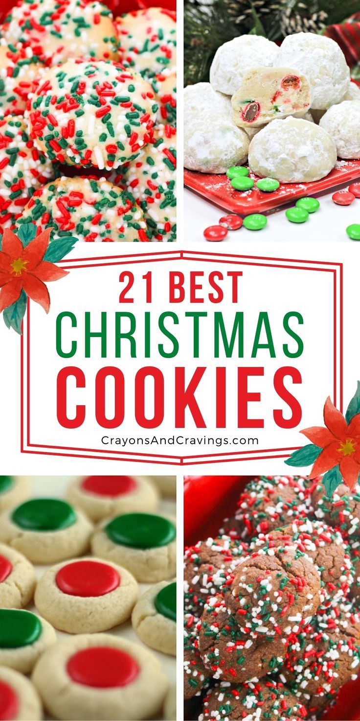 christmas cookies with sprinkles and candy on them are featured in this collage