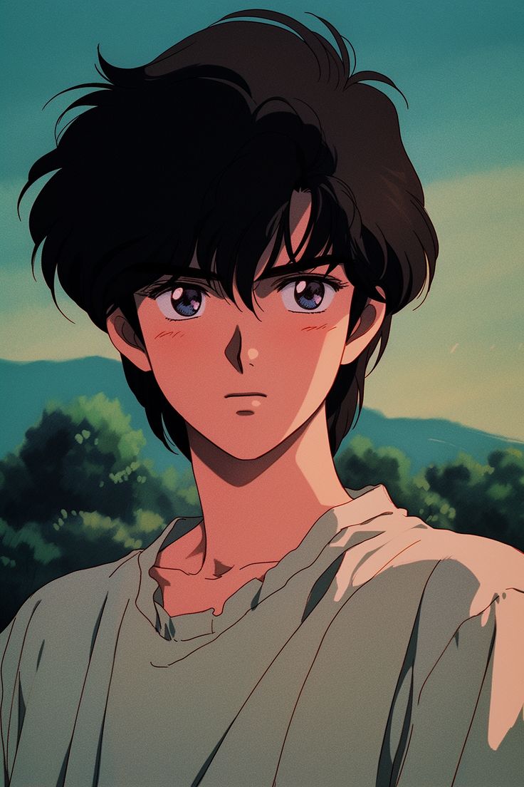 a young man with black hair and blue eyes stares into the distance while standing in front of trees