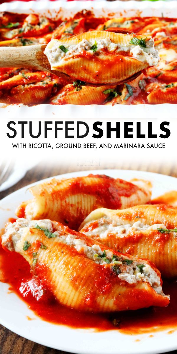 stuffed shells with ricotta, ground beef and marinara sauce on a white plate