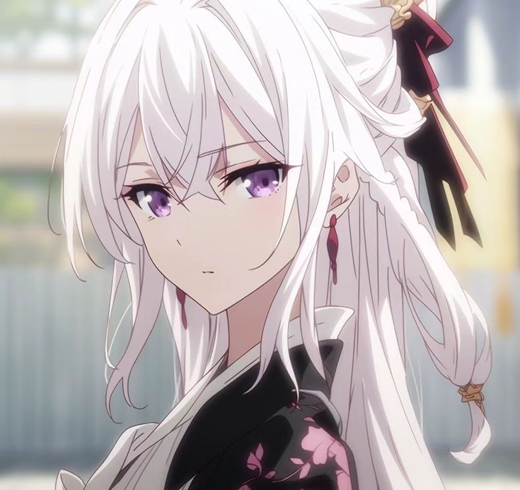 an anime character with long white hair and purple eyes