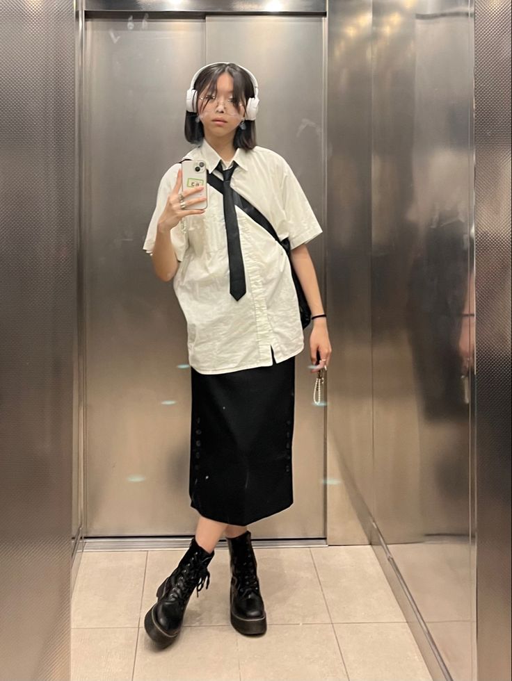 Tomboy Outfit With Skirt, Acubi Tie Outfit, Big Skirt Outfit Aesthetic, Long White Dress Shirt Outfit, Shirt With Long Skirt Outfit, Skirt Tomboy Outfit, Black Long Skirt Outfit Korean, Long Skirt Button Up Shirt, Acubi Long Skirt Outfit