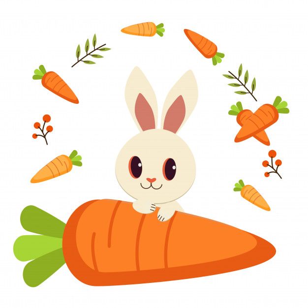 a cartoon bunny sitting on top of a carrot surrounded by carrots and sprouts