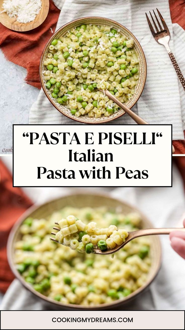 pasta and peas in a bowl with the words pasta e piseli italian pasta with peas