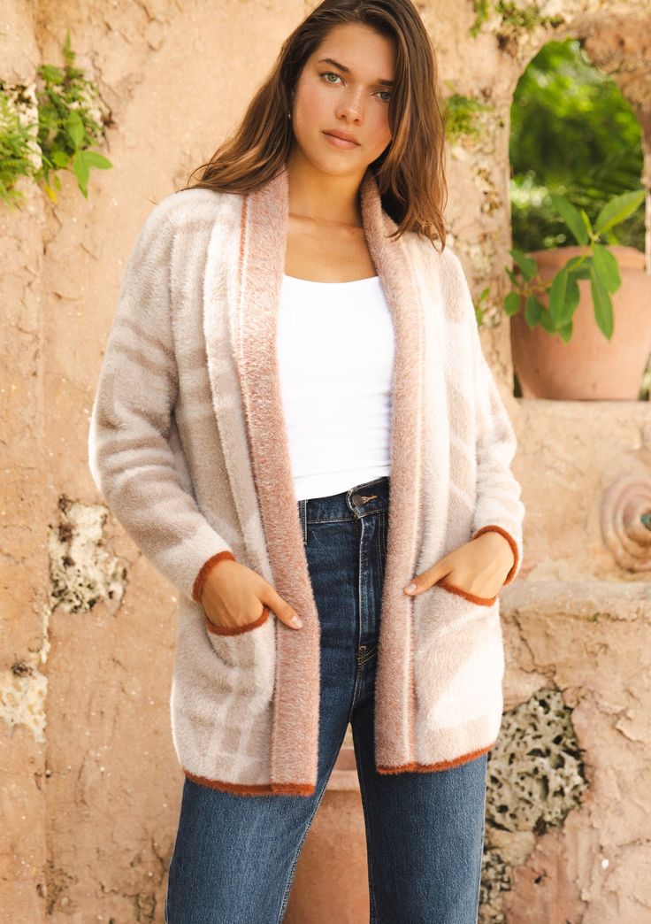 [Color: Oatmeal/Natural] A brunette model wearing a cozy Bohemian Cardigan, Bohemian Wardrobe, Abstract Sweater, Shoulder Shawl, Cozy Shawl, Fuzzy Texture, Bohemian Fall, Fuzzy Cardigan, Contrasting Trim