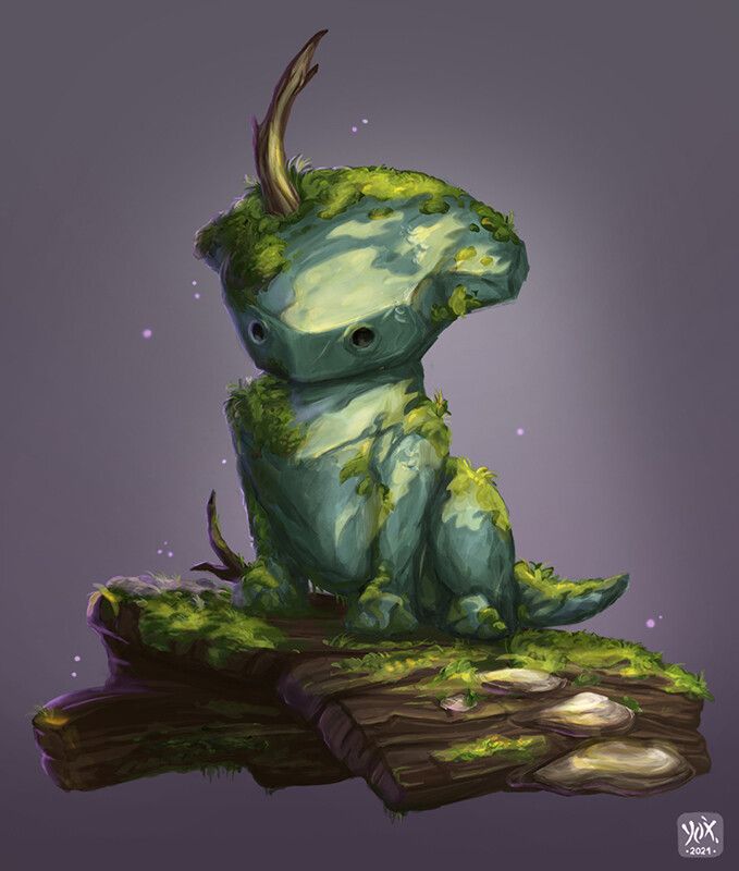 a green creature sitting on top of a piece of wood with grass growing out of it