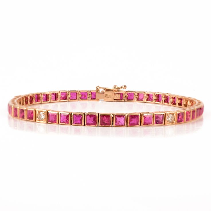 This is a classic style tennis bracelet. A must-have statement piece for every woman. It's a classic luxury to have. A perfect gift for your loved ones. -Material - Solid 14K Yellow Gold ( Stamped ) -Gemstone - Guanine Ruby & Diamonds -Gemstone Weight - 7.640 ct -Diamond Weight - 0.320 ct -Gross weight - 11.40 grams Ruby, arguably the most famous of red-colored stones, is the gemstone for July. Representing health and wisdom this gem comes from the 'corundum' mineral species. Hardest of natu Ruby Diamond Bracelet, Blue Sapphire Studs, Ruby Bracelet, Cluster Bracelets, Memorial Bracelet, Gems Bracelet, Sapphire Studs, Gold Armband, Birthstone Bracelet