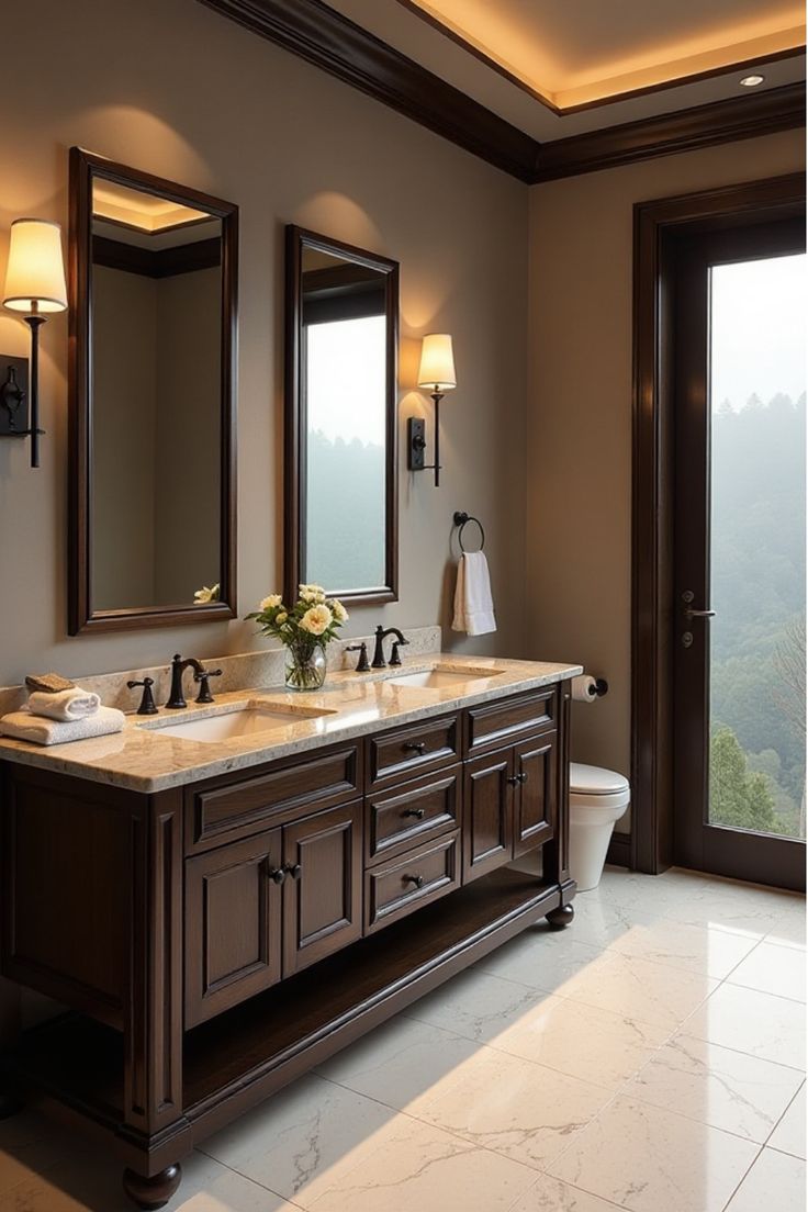 Elegant master bathroom with dark wood double sink vanity and pendant lights Double Sink One Mirror, Wood Double Sink Vanity, Dark Vanity Bathroom, Double Sink Bathroom Ideas, Bathroom Vanity Double Sink, Antique Bathroom Vanity, Dark Wood Bathroom, Bathroom Vanity Style, Granite Bathroom