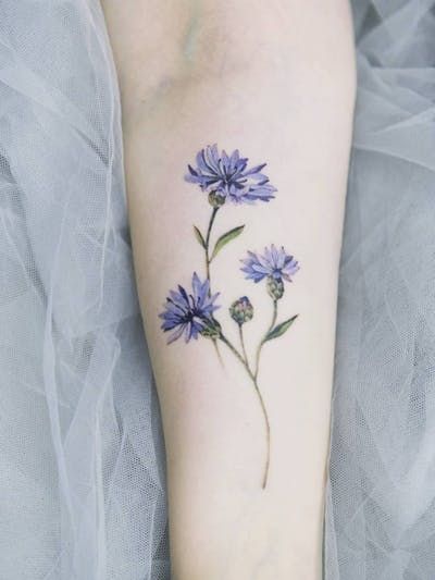 a small blue flower tattoo on the left forearm and foot, with green leaves growing out of it