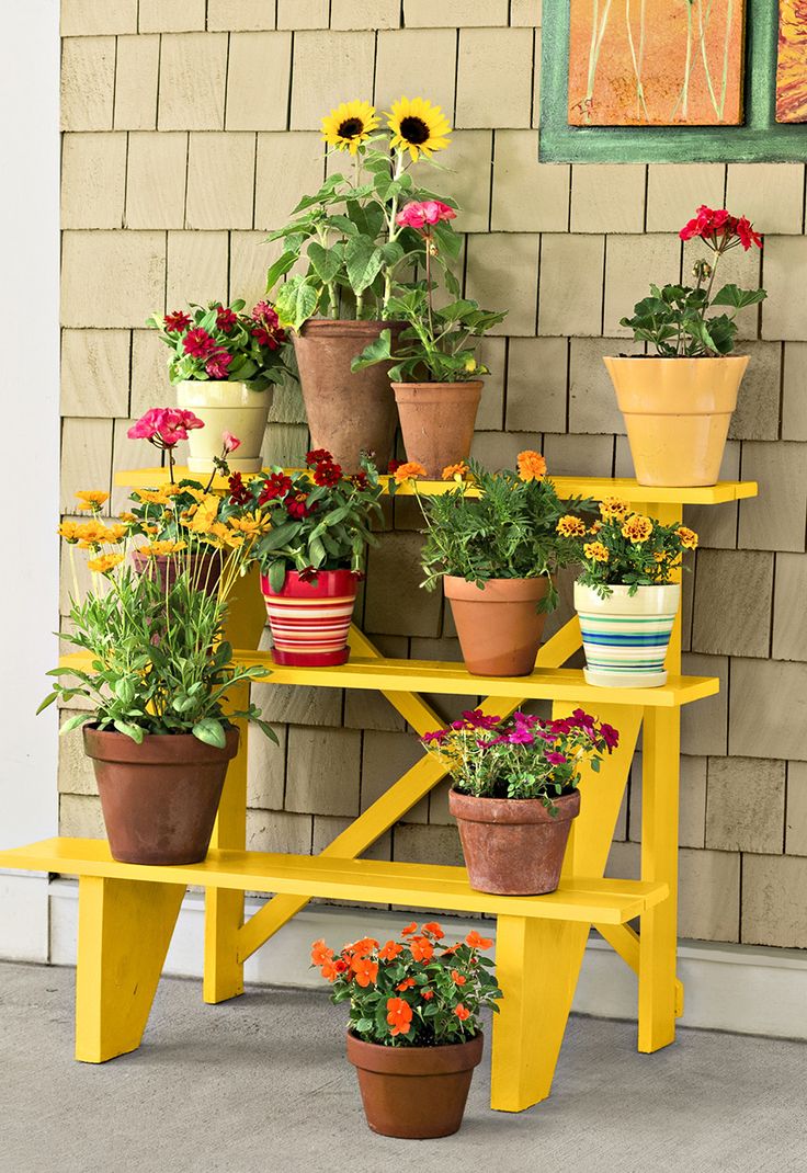 several potted plants are sitting on a yellow bench