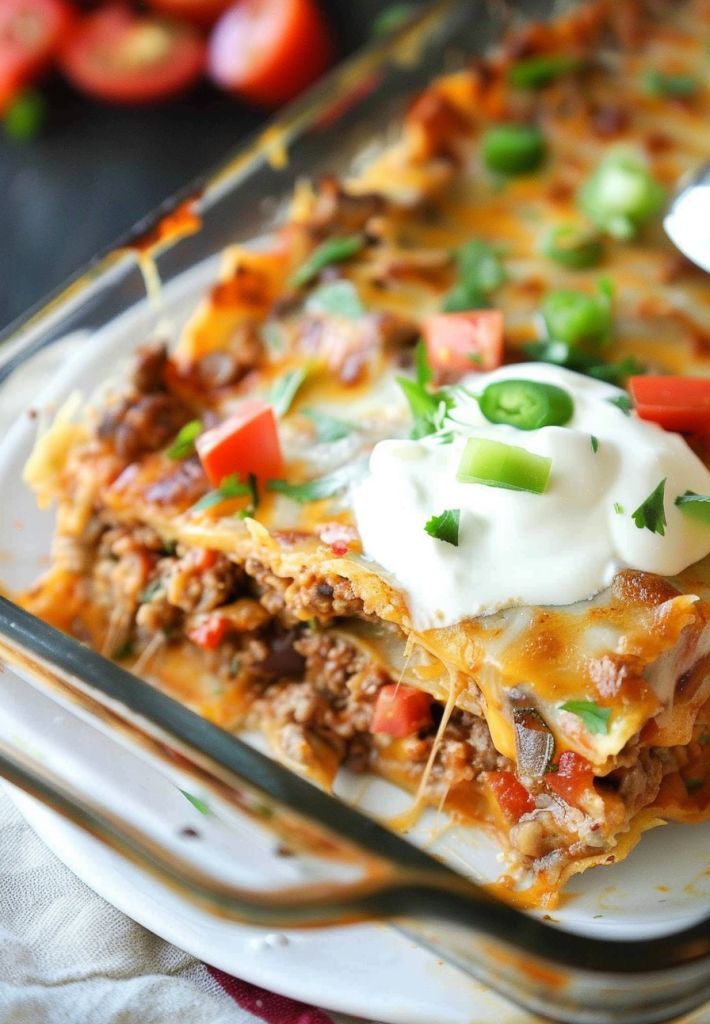 a casserole dish with meat, vegetables and sour cream on top is ready to be eaten