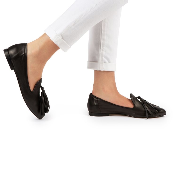 Trino Loafers | Women’s Loafers | Italian Leather Shoes - Italeau Chic Slip-on Tassel Loafers For Work, Slip-on Tassel Loafers With Brogue Detailing, Casual Black Slip-on Tassel Loafers, Spring Pointed Toe Tassel Loafers With Brogue Detailing, Spring Tassel Loafers With Brogue Detailing, Classic Slip-on Moccasins With Tassels, Slip-on Tassel Loafers With Brogue Detailing And Flat Heel, Formal Flat Tassel Loafers With Rubber Sole, Classic Slip-on Tassel Loafers With Flat Heel