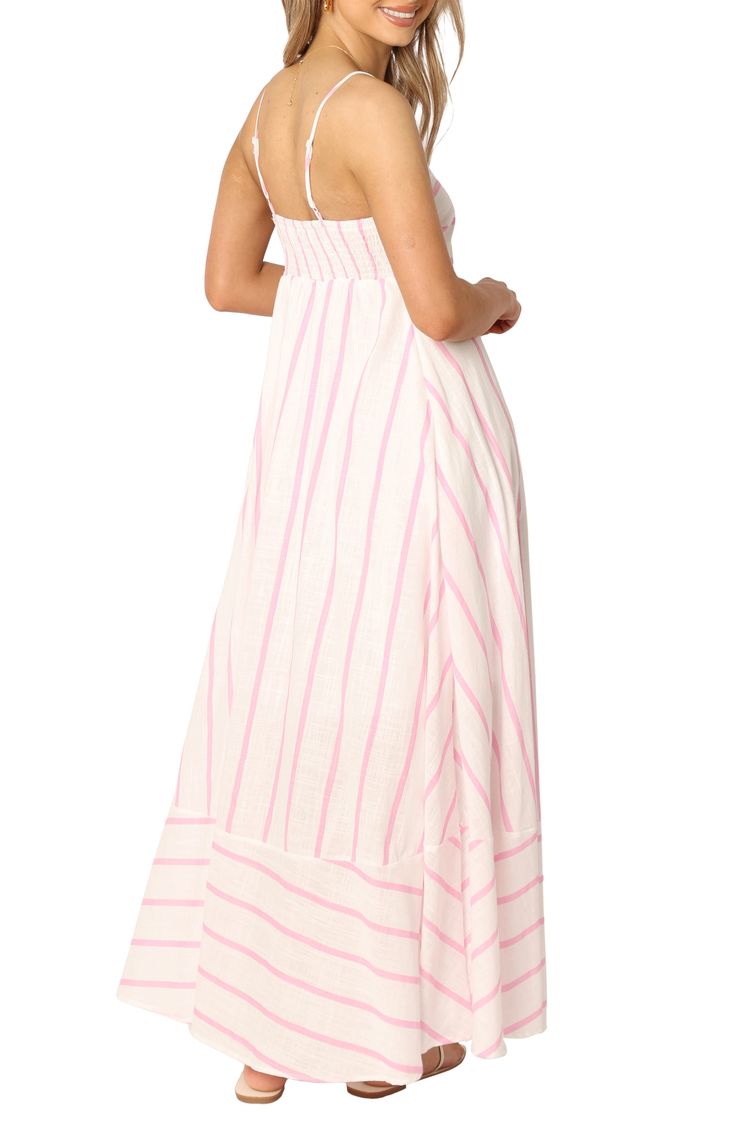 Bubblegum-pink stripes keep your look playful in this A-line maxi dress with superior twirling potential. Hidden side-zip closure Straight neck Adjustable straps Partially lined 100% cotton Hand wash, dry flat Imported Beach Dresses With Vertical Stripes, Vertical Stripes Midi Dress For Vacation, Vacation Dresses With Vertical Stripes In Midi Length, Striped Maxi Sundress For Spring, Vacation Midi Dress With Vertical Stripes, Pink Lined Sundress Maxi Dress, Striped Maxi Sundress, Spring Striped Sundress Maxi Dress, Spring Maxi Dress With Vertical Stripes