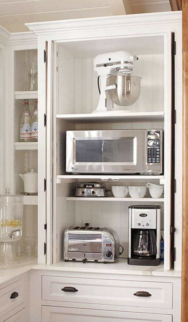 a kitchen with white cupboards filled with appliances