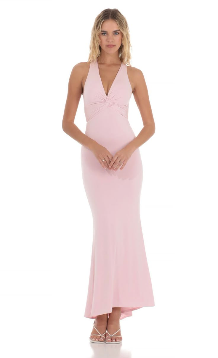 Twist V-Neck Maxi Dress in Pink Dream Prom Dress Long Pink, Light Pink Beachy Dress, Dresses Maxi Pink, Pink Trumpet Gown, Blush Pink Prom Dress Tight, Simple Pink Dress Wedding, Light Pink Old Hollywood Dress, Pink Prom Dress Dainty, Simple Pink Wedding Dresses