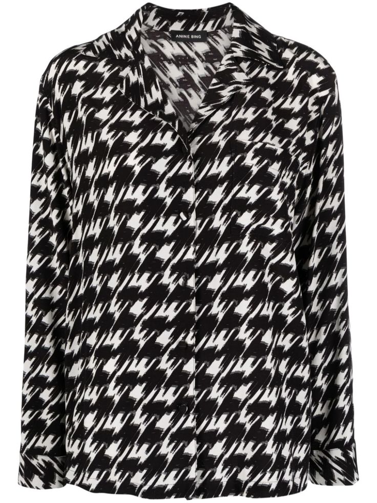 black/white crepe texture houndstooth print Cuban collar front button fastening long sleeves chest patch pocket rear curved hem Fall Houndstooth Collared Top, Casual Long Sleeve Houndstooth Blouse, Black Printed Collared Blouse, Chic Long Sleeve Houndstooth Blouse, Casual Button-up Shirt With Houndstooth Pattern, Crepe Blouse, Moschino Couture, Crossbody Tote Bag, Jumpsuit Jacket