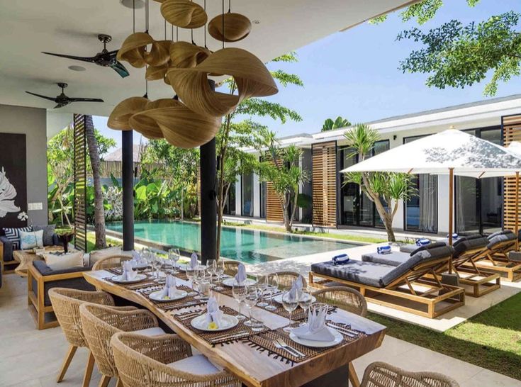 an outdoor dining area next to a swimming pool