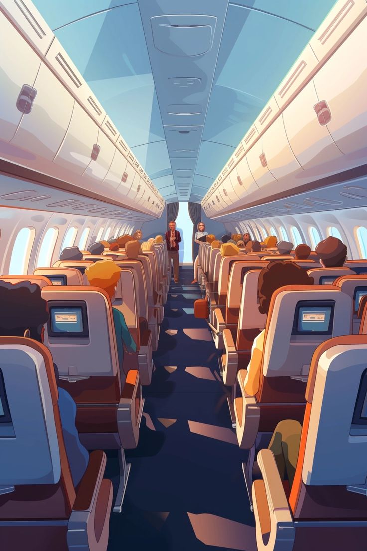 the inside of an airplane with rows of seats