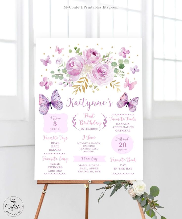 a pink and purple butterfly birthday party sign on an easel with flowers in the background